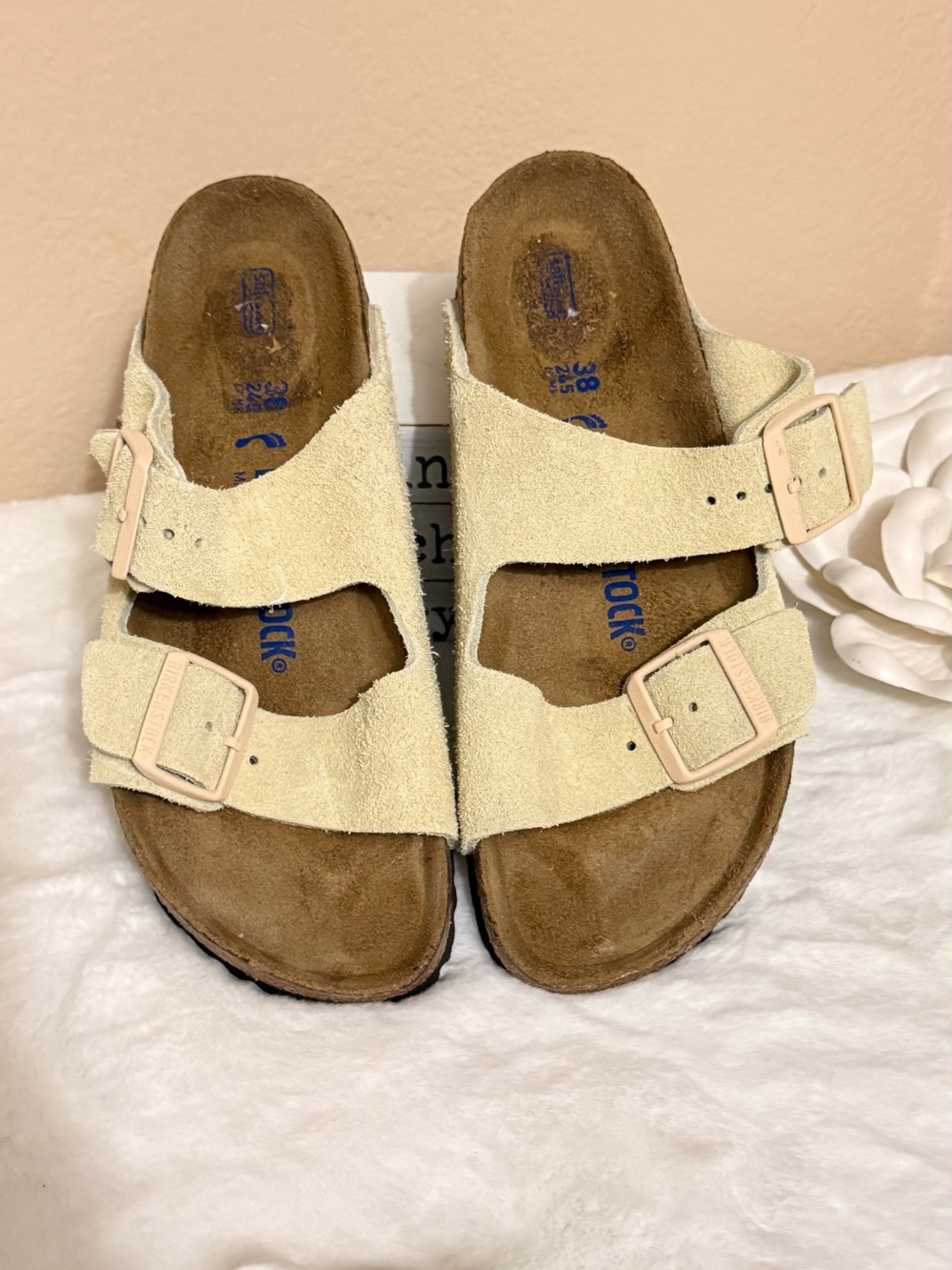 Birkenstock Cream Suede Two-Strap Sandals with Buckles